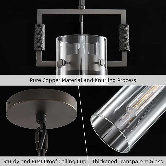 Matte Black Glass Pendant Light: Modern Knurled copper Pendant Lights Kitchen Island Set of 2 - Industrial Hanging Light Fixtures with Long Tube - Height Adjustable Pendants Lighting for Living Room