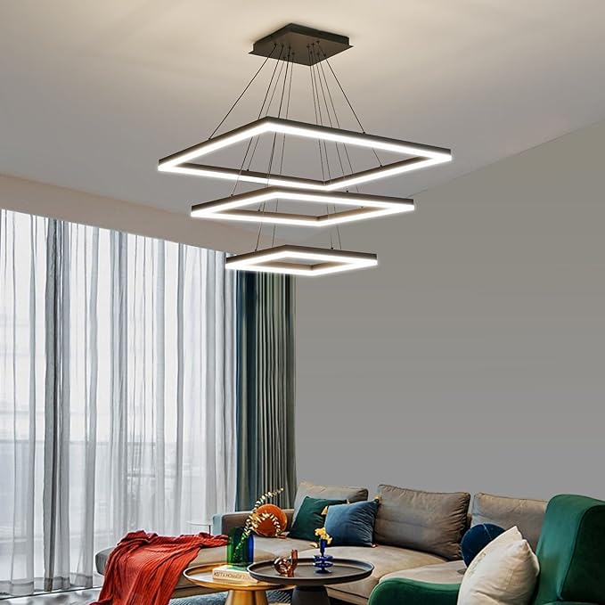 Modern LED Chandelier, 3 Ring Square LED Pendant Ceiling Light, Dimmable Foyer Chandelier Lighting Fixture, Adjustable Height Over Table Hanging Light for Living Dining Room, Bedroom, Study Room