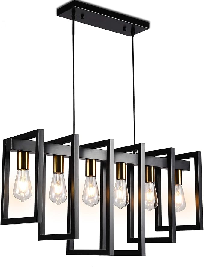 SomSom Modern Kitchen Island Light Pendant Chandelier 6-Light Ceiling Light Industrial Pendant Lighting Fixture Matte Black with Antique Brass Finish
