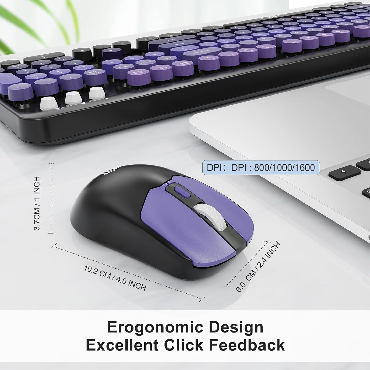 Wireless Keyboard and Mouse Combo, 104 Round Keys Cute Colorful Keyboard and Mouse with Retro Typewriter for PC/Mac/Laptop/Tablet/Computer/Windows Black Purple