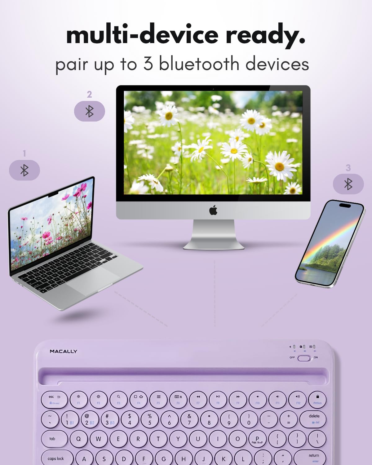 Macally Small Wireless Bluetooth Keyboard for iPad mini/Air/Pro, iPhone, Tablet, and Phone - 78 Key iPad Keyboard with Built-in Stand - Universal Compatible Multi Device - Purple