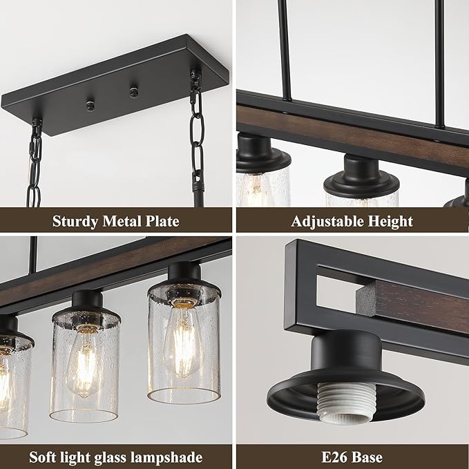 Farmhouse Dining Room Light Fixture, 5-Light Wood Kitchen Island Lighting for Dining Room Over Table, Black Adjustable Pendant Light with Seeded Glass Shades, Linear Chandeliers Lighting for Kitchen