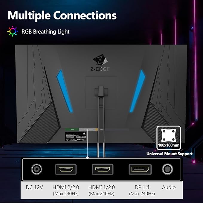 24.5" Gaming Monitor 240Hz, Z-Edge UG25F FHD 1920x1080 Computer Monitor, 1ms Frameless LED, Contrast Ratio 5000:1