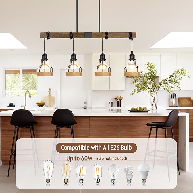 Kitchen Island Lighting Ceiling 4-Light Dining Room Light Fixture Hanging, Rustic Linear Chandelier with Solid Wood Modern Kitchen Pendant Light Over Island Farmhouse Dining Light Metal Lampshade