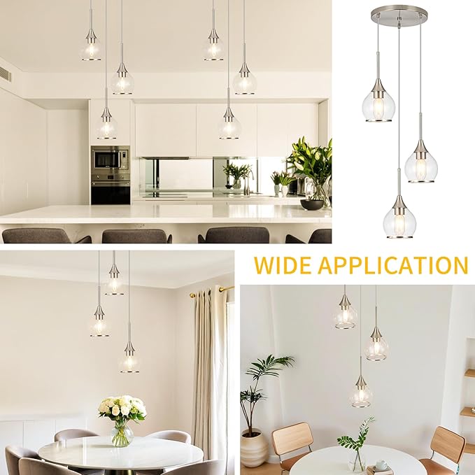3-Light Island Light for Kitchen, Brushed Nickel Kitchen Island Hanging Pendant Light, Brushed Nickel Dining Room Light Fixture Over Table with Clear Round Glass Shade