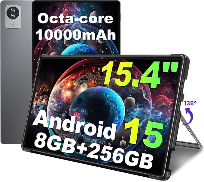 jumper 15.4 inch Tablet, Android 15 Tablet with Helio G99 Octa-Core Processor(Beat Unisoc T618), 8GB RAM 256GB ROM, Tablets with Stand & Case, 10000mAh, BT5.2, 4 Speakers, 2.4G/5G WiFi