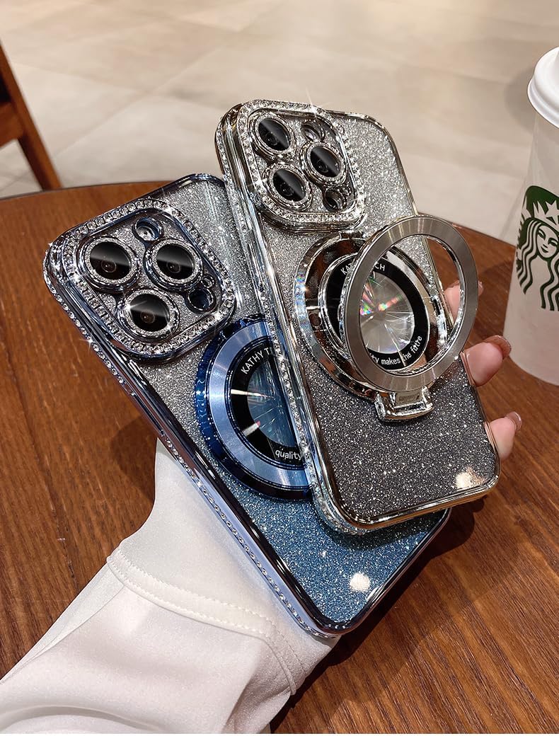 Magnetic Kickstand (Glitter Lens Protector ) Case for iPhone 15 14 13 12 Pro Max (Compatible with Magsafe ) Sparkling Diamond Cover Glitter Shiny Rhinestone Cases (Silver,for iPhone 15 Plus)