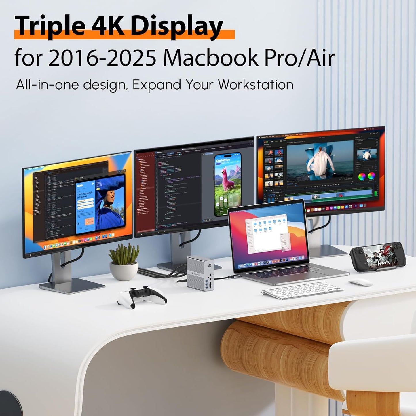 TobenONE DisplayLink Docking Station Triple Monitor with 120W Power Adapter, Triple 4K Display for MacBook Pro/Air, Thunderbolt 4/3, USB-C Windows(3X HDMI, 3X DP, 2xUSB-C, 4xUSB 3.2, SD/TF)