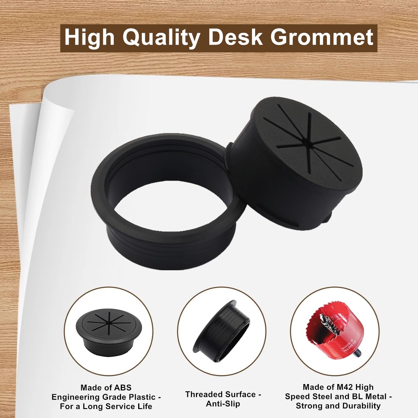 8 Pack Desk Grommet 2 Inch (50 mm), Desk Hole Cover for Cables, Black Desk Cord Hole Cover for Office Home Table, Cable Grommet with 1 Hole Saw Drill Attachment & 10 Cable Ties