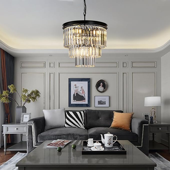 Round Crystal Chandelier 6-Lights 15.8" Black K9 Crystal Pendant Lights 3-Tier Luxury Hanging Dining Room Light Fixture for Living Room Bedroom Kitchen Island Entryway Hallway