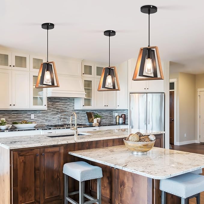 3 Pack Kitchen Island Pendant Lights, Black Industrial Metal and Vintage Wood Hanging Light, Mini Farmhouse Chandelier, Adjustable Height Rustic Ceiling Lamp for Entryway, Dining Room, Foyer