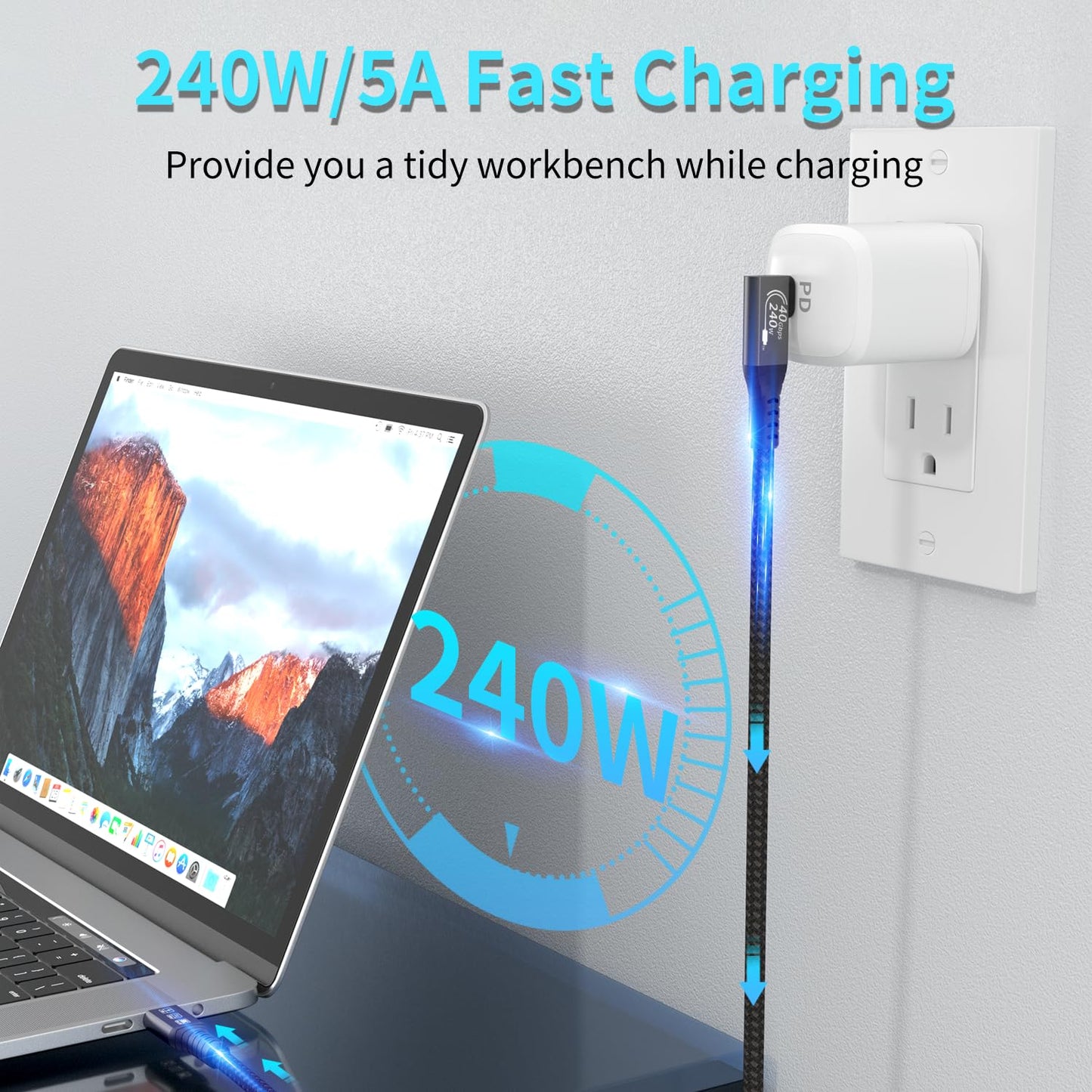 USB4 Cable, with Thunderbolt 4 Cable, 240W Charging, 40 Gbps Data, 8K @ 60Hz HDR, USB C to USB C, 90Degree for Hub, Dock MacBook, M2, M3, Mac SSD (90Degree USB4 40G 240W 1M)