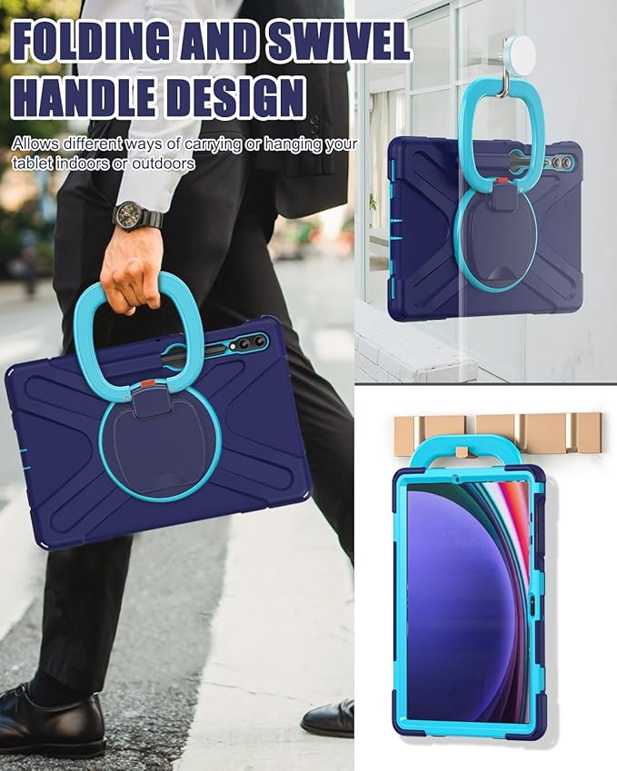 BRAECN Case for Samsung Galaxy Tab S9 FE+ Plus/S9+ Plus/S8+ Plus/S7 FE/S7+ Plus 12.4 Inch, Rugged Silicone Cover with Handle Grip, Kickstand, Shoulder Strap, S Pen Holder, Navy Blue