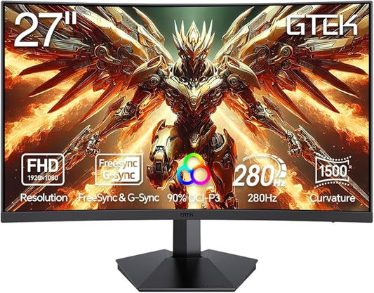 GTek 27 Inch Curved 280Hz 240Hz Gaming Monitor FHD 1080P, 1500R Curve Computer Monitor, 1920 x 1080P, VA 1ms MPRT,FreeSync, DisplayPort/HDMI, 90% DCI-P3 - F2740C
