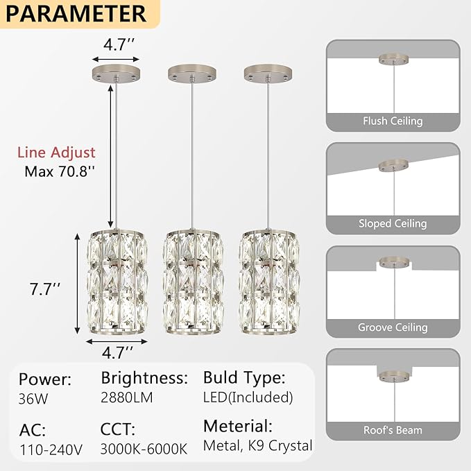 3 Pack Modern Crystal Pendant Lights for Kitchen Island LED Dimmable Glam Pendant Lighting Chandelier for Dining Room Hallway Corner Lamp Nickel