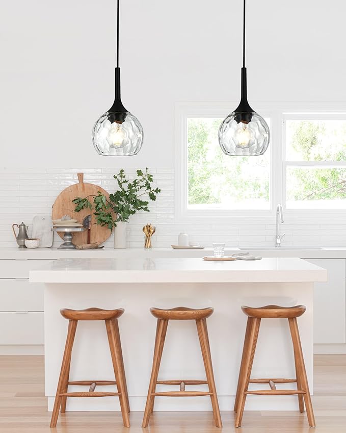 VINLUZ 2 Pack Classic Pendant Light with Round Ribbed Glass Shade, Ceiling Hanging Kitchen Island Chandelier in Black Metal Finish for Dining Room