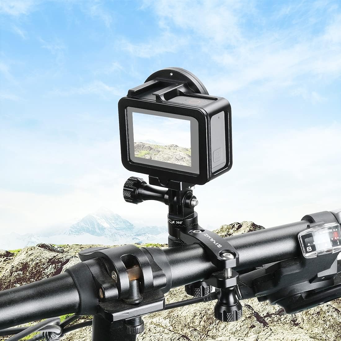 PULUZ Bike Motorcycle Handlebar Mount, 360 Degree Rotation Aluminum Bicycle Moto Camera Mount for GoPro Hero 12 11 10 9 8 7 6 & DJI Osmo Action