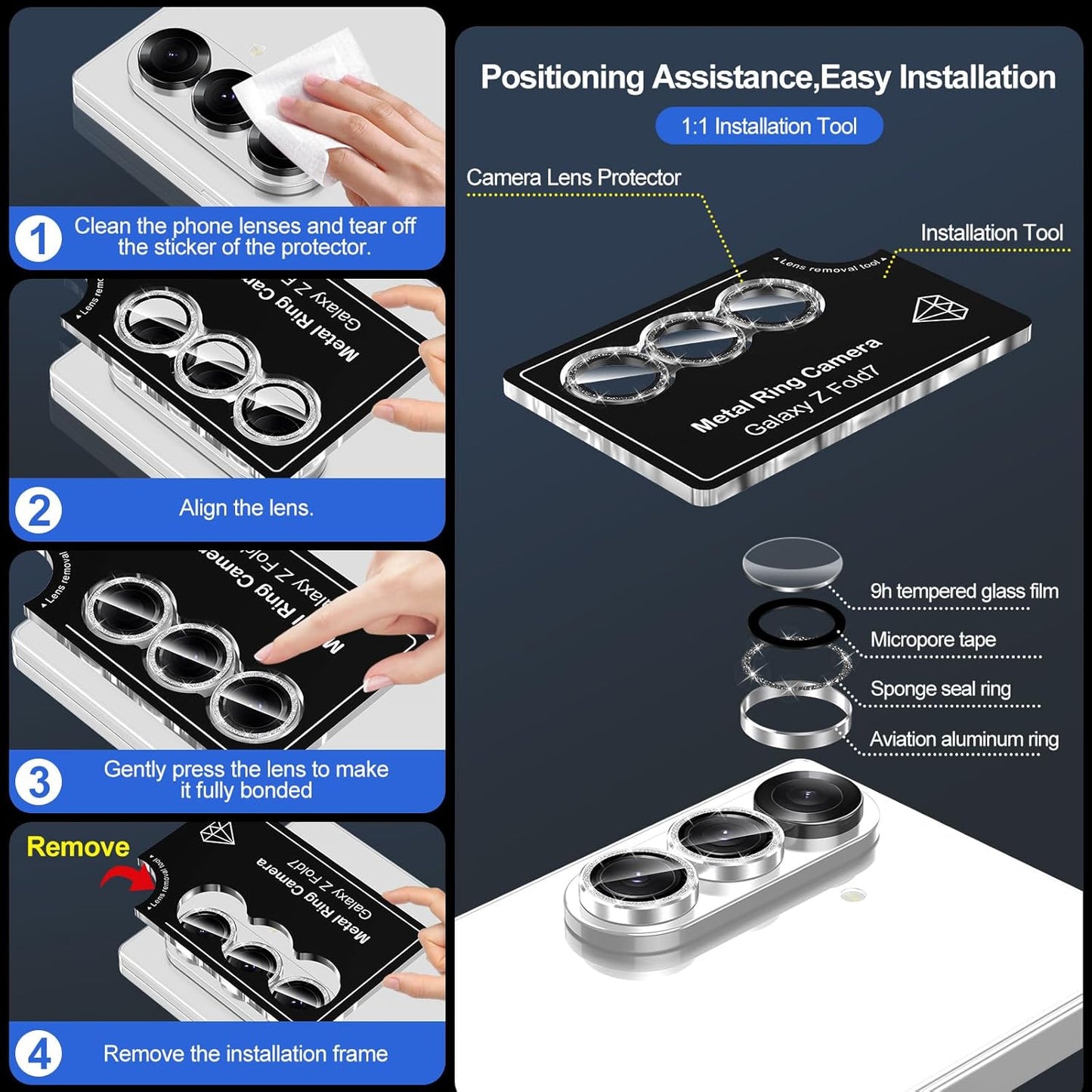 for Samsung Galaxy Z Fold 7 Camera Lens Protector, Individual Metal Ring Tempered Glass Lens Cover, [Strong Adsorption] Scratch Resistant Ultra-Thin HD Clear Lens Cover, 1 Set-Black Sparkly