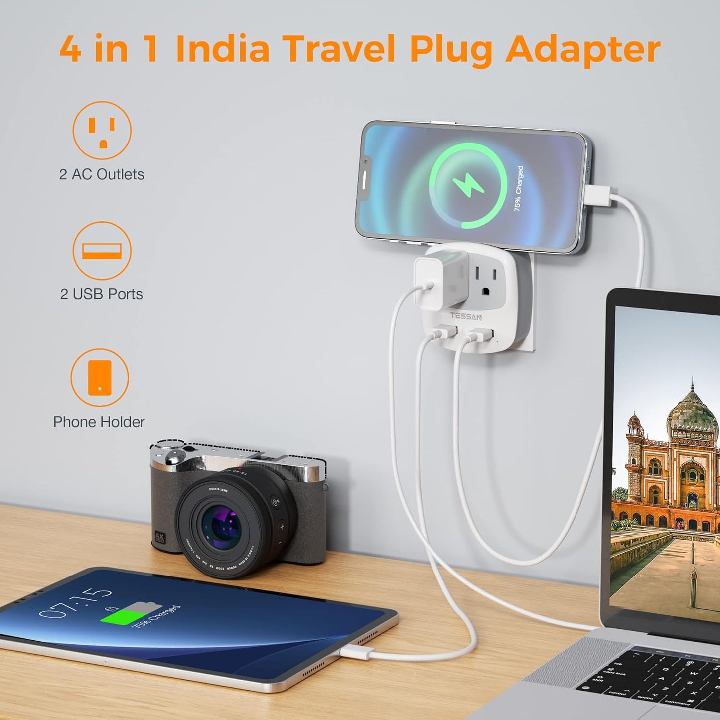 TESSAN US to India Plug Adapter, Type D Travel Adaptor with 2 USB Charger Ports 2 American Outlets, USA to Indian Power Adapter for Nepal Bangladesh Maldives Pakistan Tanzania Sri Lanka
