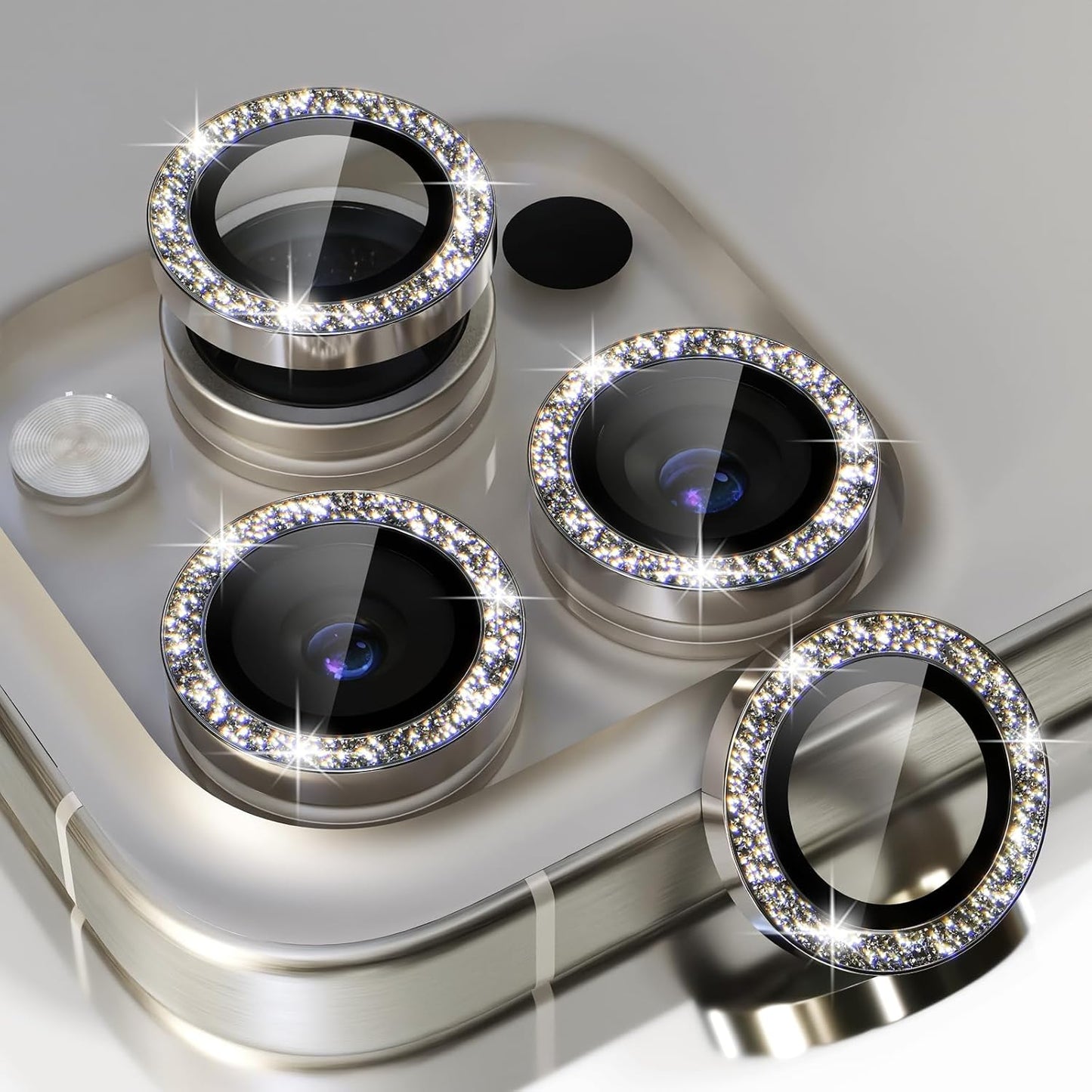 Choiche Compatible for iPhone 15 Pro/iPhone 15 Pro Max Camera Lens Protector Bling, 9H Tempered Glass Camera Cover Screen Protector Metal Ring Decoration Accessories (Glitter-Titanium Gray)