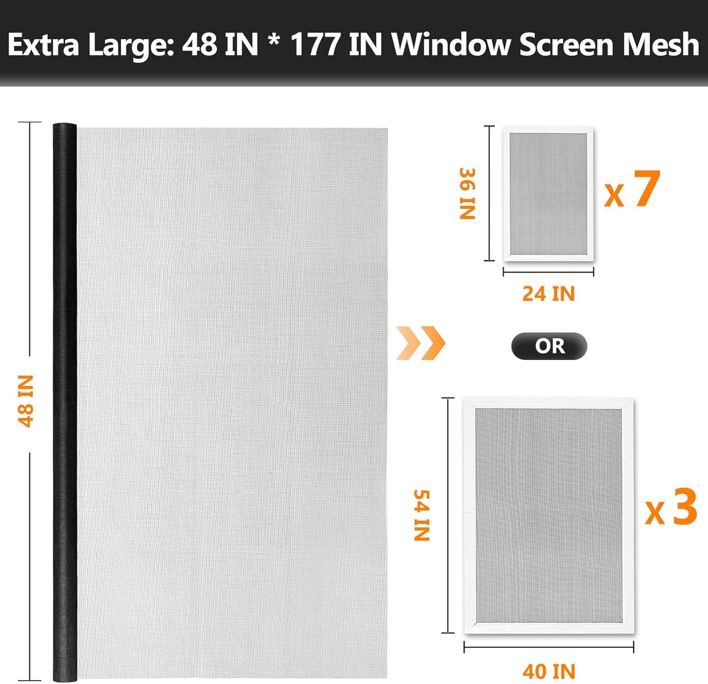 Window Screen Door Repair Kit, 48" x 177" Screen Door Mesh Replacement Kit, Durable Fiberglass Mesh Roll with Tools for Windows Doors Patio and Porch Replacement, Black