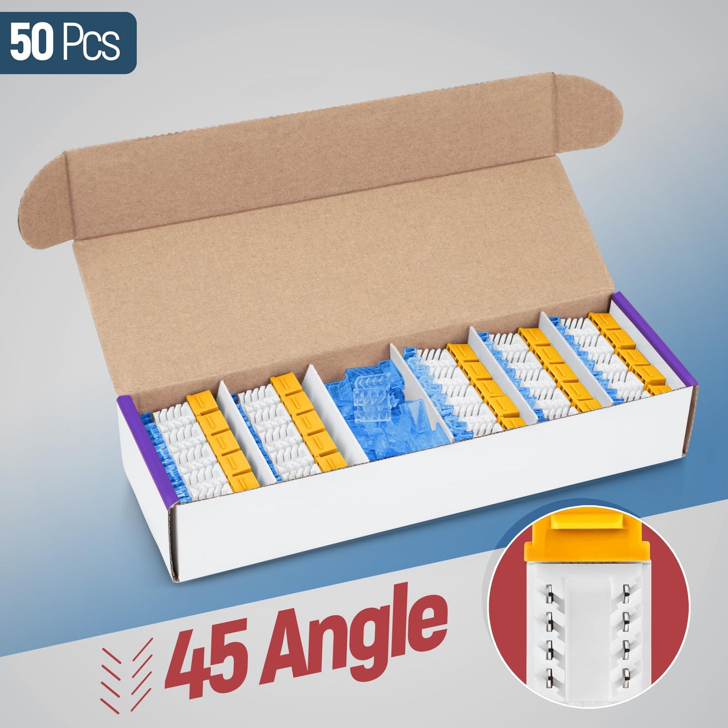 Everest 45° Angled RJ45 Cat5e Keystone Jacks 50-Pack in Yellow - Slim Profile Female RJ45 Connectors - Cat 5e Keystone Jack - Compatible with 45° Angled Speed Termination Tool - 45Term (B0BL3GS7ZY)