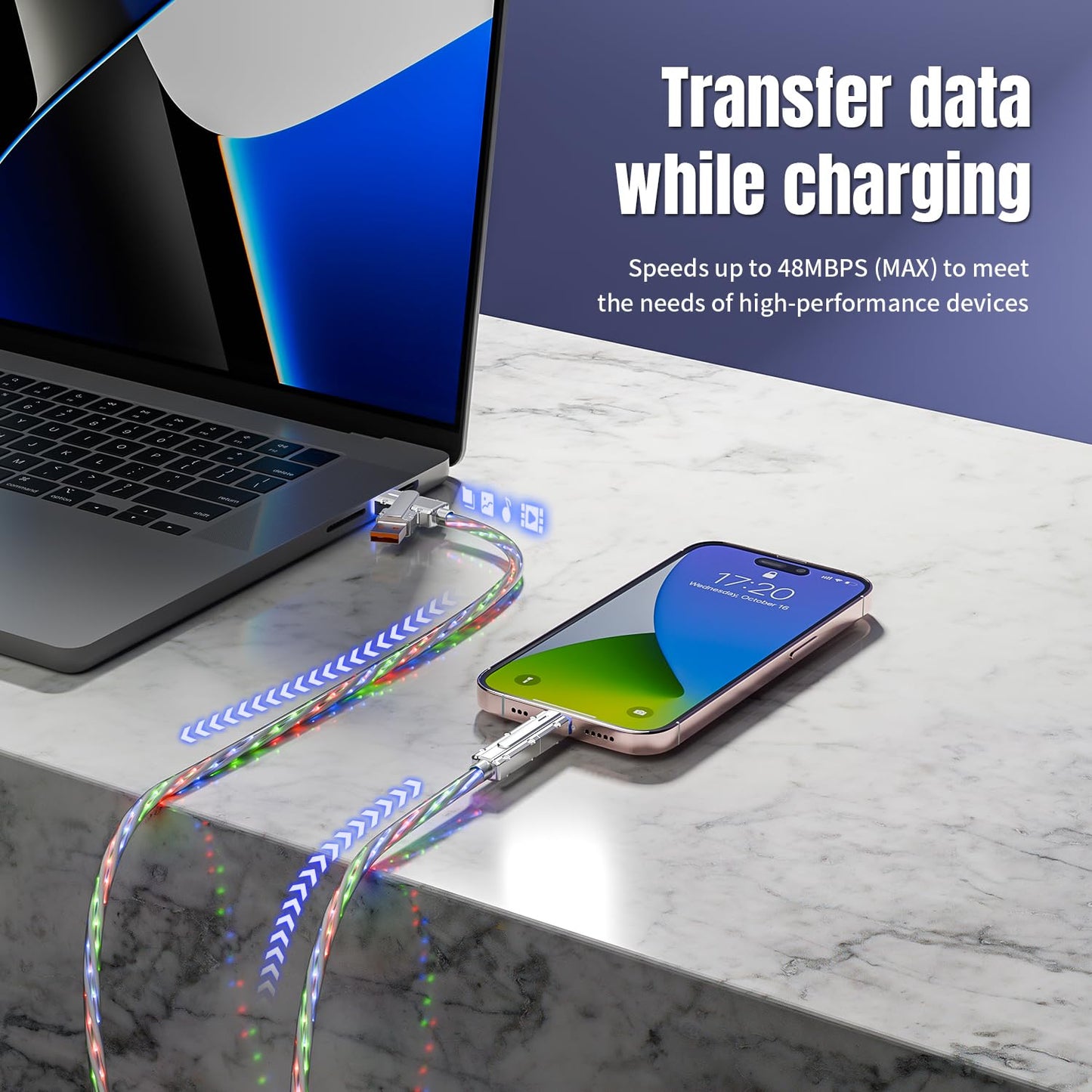 4 in 1 Charging Cable Fast Charging 66W, USB C Cable 3.3 FT Chubby USB A/C to C/L Multi Charging Cable with Light for iPhone 16/15/14/13 Series/MacBook/iPad Pro/Samsung