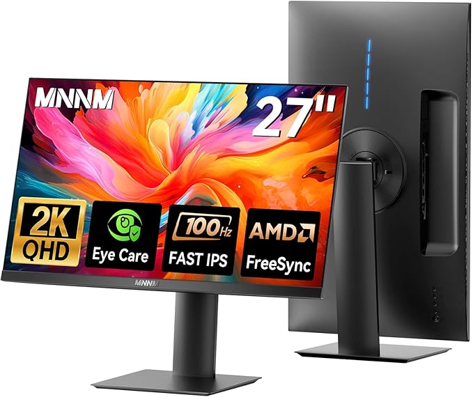 27 Inch Computer Monitor - Fast IPS 2K QHD 2560 x 1440p Desktop Monitor 100Hz 16:9 Display HDMI 2.0 & DP1.4 FreeSync 100% sRGB TÜV Eye Care PC Gaming Screen Support Vesa Height/Tilt/Swivel/Pivot