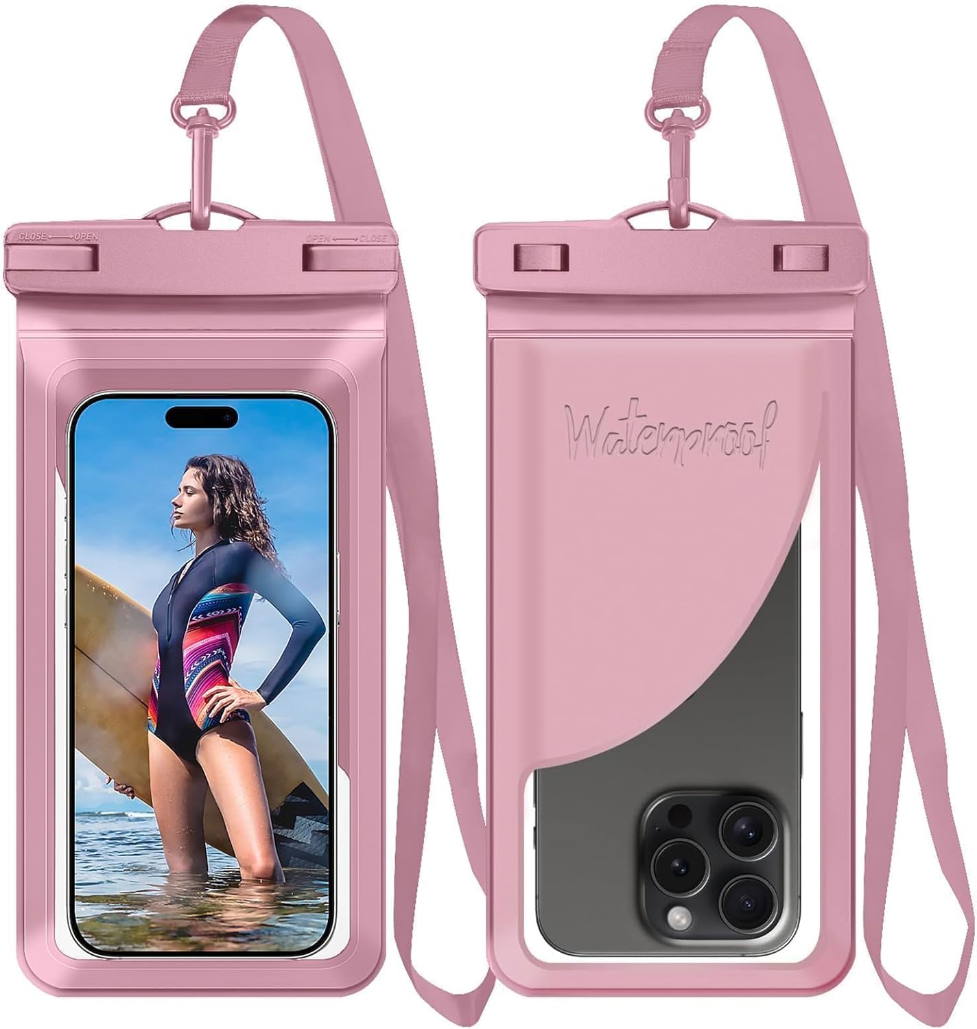 Waterproof Phone Pouch,with Inside Card Bag, Large Waterproof Case for iPhone 16 15 14 13 Pro Max,IPX8 Certified and Lightweigt Cellphone Dry Bag Beach Cruise Ship Essentials, 1 Pack-Pink-8.3″