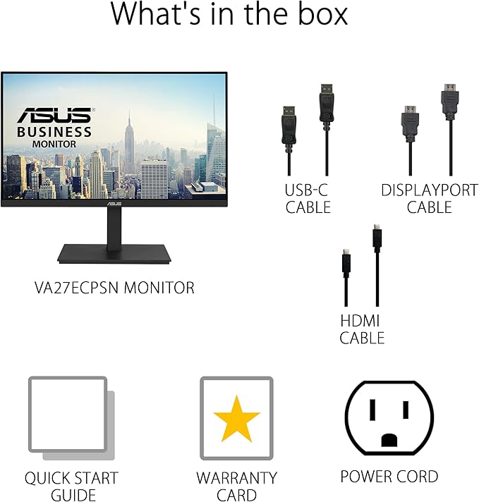 ASUS 27” 1080P Docking Monitor (VA27ECPSN) – Full HD, IPS, 75Hz, Adaptive-Sync, Speakers, Eye Care, Low Blue Light, Flicker Free, RJ45, USB-C, DisplayPort, HDMI, Height Adjustment, VESA Wall Mountable