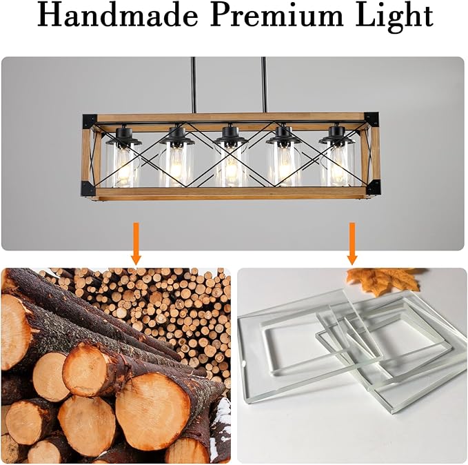 Rustic Hanging Lights Fixture Farmhouse Chandeliers for Dining Room Kitchen Island Light Fixtures 5-Light Wood Chandelier Over Dining Table with Clear Glass Shade-Oak