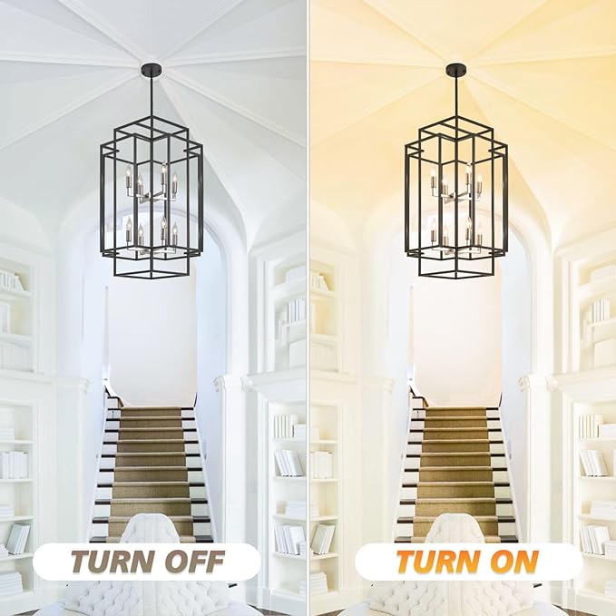 31.5" Farmhouse Chandelier, 8-Light Lantern Pendant Light Fixture, Modern Foyer Lighting Fixtures, Large Chandeliers for High Ceilings, Black and Brushed Nickel Pendant Lights for Staircase, Entryway