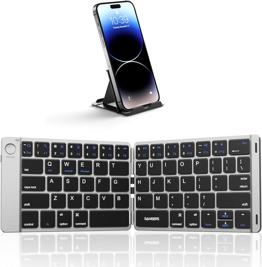 Samsers Foldable Bluetooth Keyboard - Portable Wireless Keyboard with Stand Holder, Rechargeable Full Size Ultra Slim Folding Keyboards Compatible IOS Android Windows Smartphone Tablet & Laptop-Silver