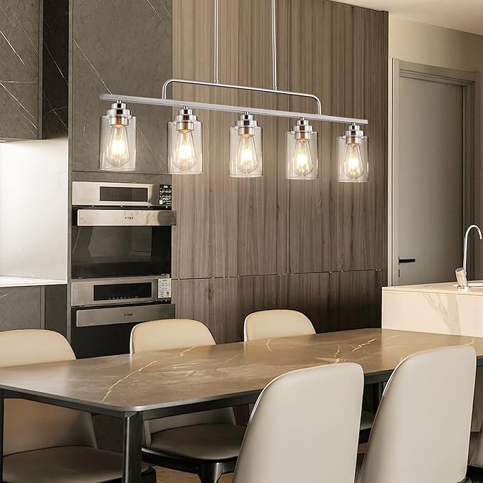 Dining Room Light Fixture - Brushed Nickel 5-Light Farmhouse Chandelier Kitchen Island Lights Fixtures Modern Linear Silvery Chandeliers Hanging Pendant Lighting Over Table