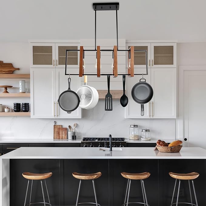 4-Light Island Lights for Kitchen, Rectangular Wood and Black Metal Kitchen Island Chandelier 31.5" Adjustable Rustic Modern Dining Room Light Fixtures Over Table, Chandeliers for Dining Room
