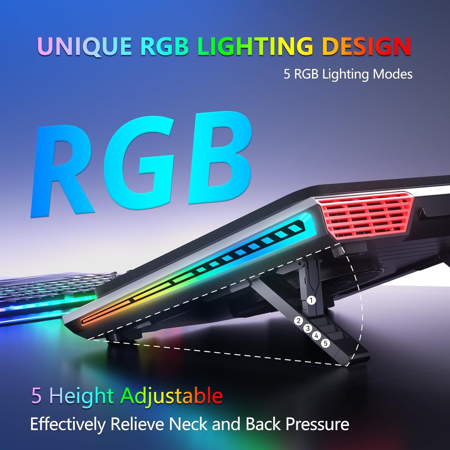 LIANGSTAR Gaming Laptop Cooling Pad, RGB Laptop Cooler with 3 Powerful Turbofans, 5 Height Adjustable Laptop Cooling Stand, 5 Fan Speed Touch Control, Seal Memory Foam for Cooling 12-19.3 inch Laptop