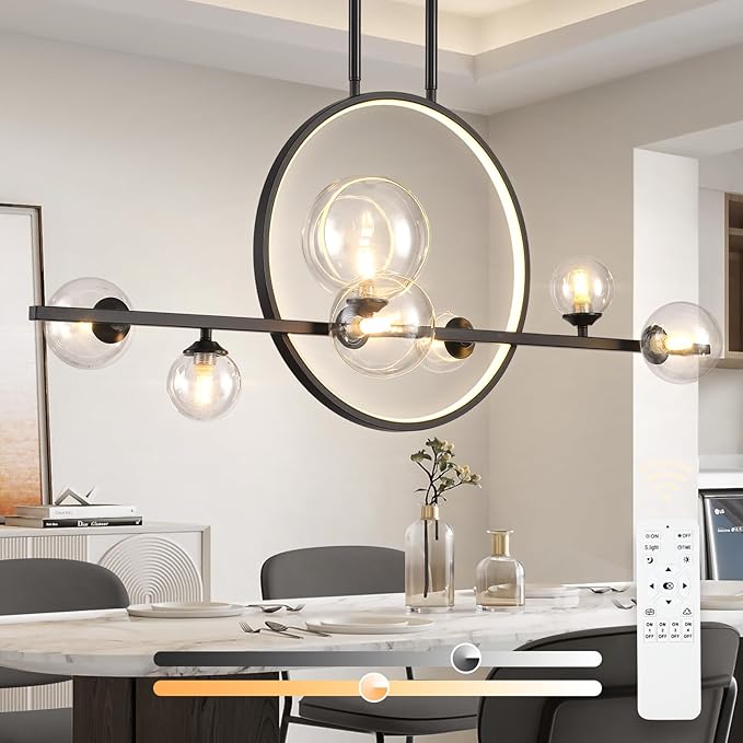 Modern 7 Light Dining Room Chandelier,37.4" Black Dimmable Linear Pendant Lights with Globe Glass Shade,Minimalist Island Light for Dining Room, Office, Kitchen