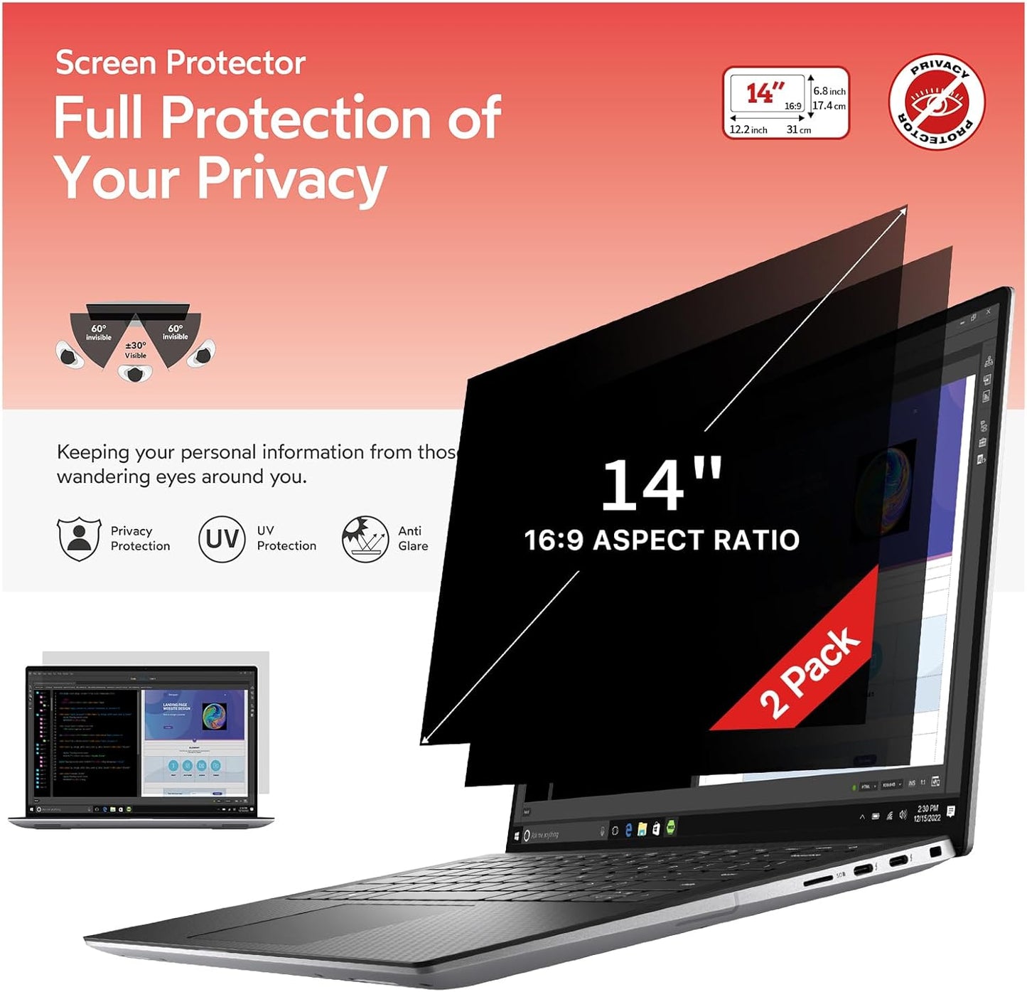bersem 2 Pack 14 inch Laptop Privacy Screen for 16:9 Ratio Computer Monitor, Anti-Glare, Blue Light Filter, Removable, UV-Blocking