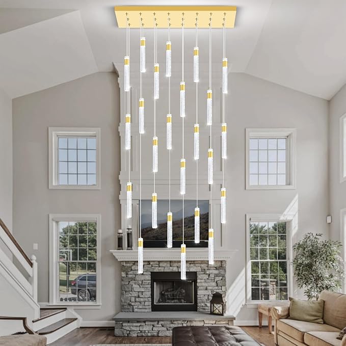 Glam Rectangular Crystal Column Chandelier for High Ceiling 24-Lights Gold LED Dimmable Pendant Light for Kitchen Island Dining Room Entrance Foyer Living Room Adjustable Height