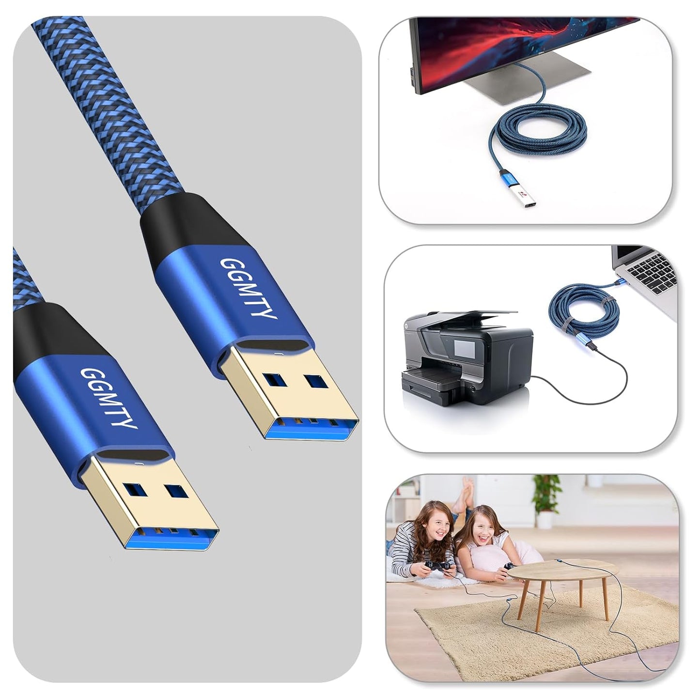 USB to USB Cable 6FT,Durable Braidedfor USB 3.0 Male to Male Type A to Type A Cable Data Transfer Compatible with Hard Drive, Laptop, DVD Player, TV, USB 3.0 Hub, Monitor, Camera, Set Up Box and More