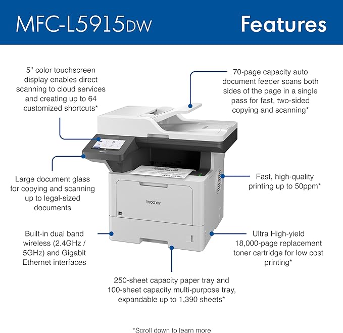 Brother Professional Laser Printer All-in-One with Scanner and Copier, High-Speed 50 ppm Monochrome Printing, Wireless Network Ready, Dual-Band WiFi, Auto 2-Sided Print (MFC-L5915DW)