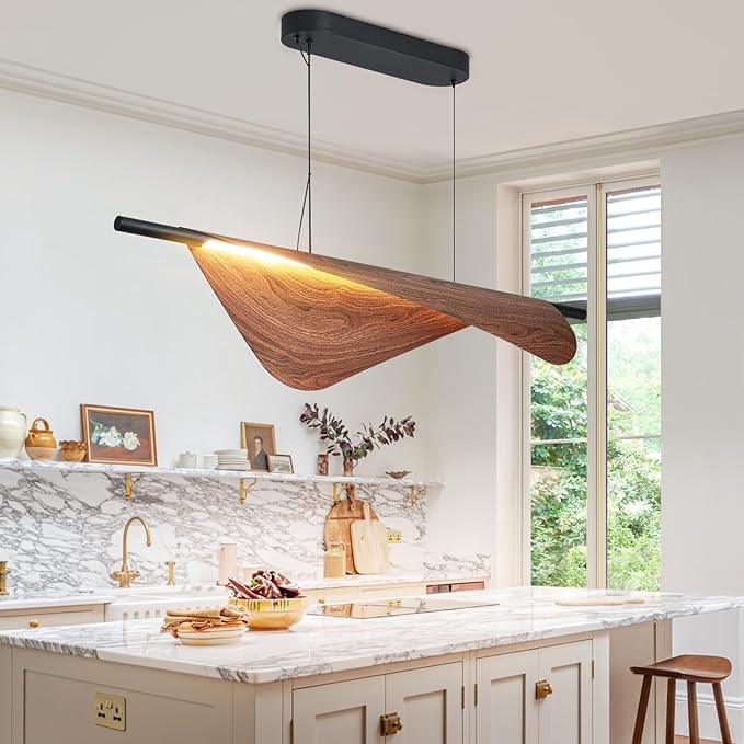 Walnut Pendant Lights 47.2In Dimmable Wood Grain Linear Chandeliers Over Table for Dining Room Kitchen Island