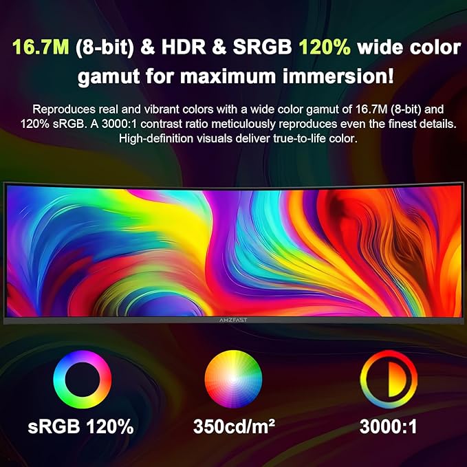 Amzfast 49 Inch Curved Monitor 120Hz DQHD 5120x1440p Ultrawide Gaming Monitor, 120% sRGB, 1500R, 1ms MPRT, HDR10, Adaptive Sync, PIP/PBP, Height Adjustable, HDMI 2.0/DP 1.4, VESA 75x75, AMZG49C7U