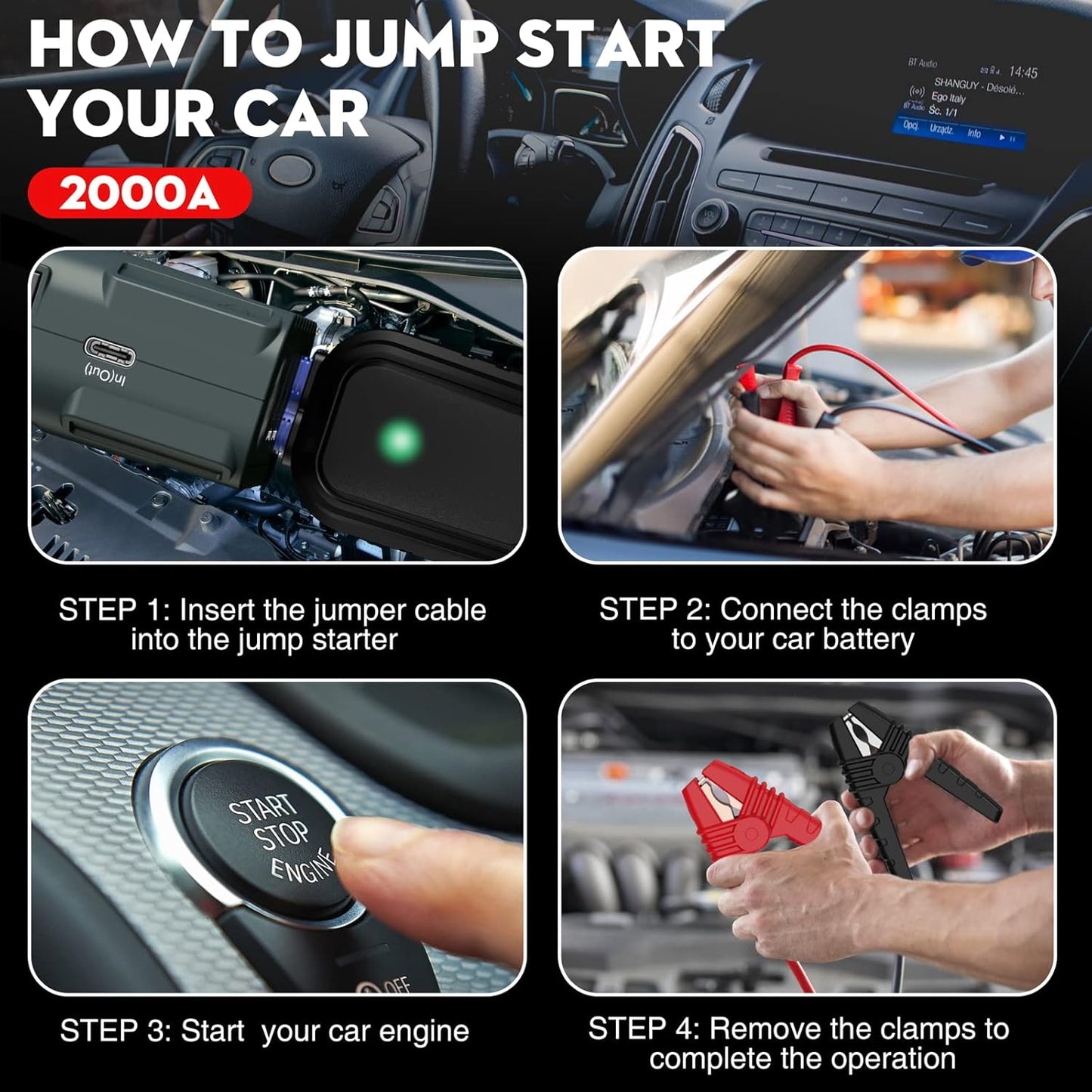 NEXPOW 2000A Peak Car Battery Jump Starter with USB Quick Charge 3.0 (Up to 7.0L Gas or 6.5L Diesel Engine), 12V Portable Jump Box, Battery Booster with Built-in LED Light, Jumper Cables