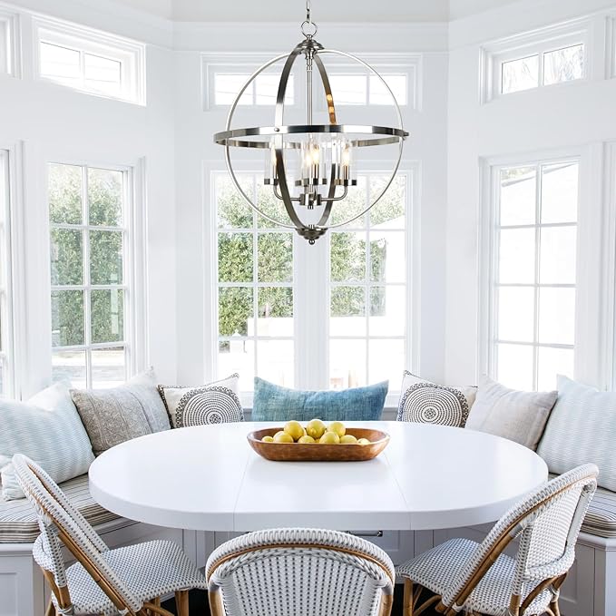 Treekee 20'' Globe Chandelier Brushed Nickel Chandeliers, 4-Light Modern Orb Chandelier, Luxurious Hanging Light Fixture with Glass Shade, Pendant Light for Dining Room Entryway Living Room