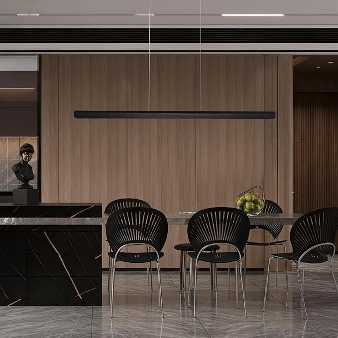 55inch Wood LED Linear Pendant Light, Dimmable Wood Ceiling Lamp,Minimalist Linear Chandelier, 40W Warm Light 3000K, Modern Kitchen Island Dining Room Lighting Black Adjustable Height