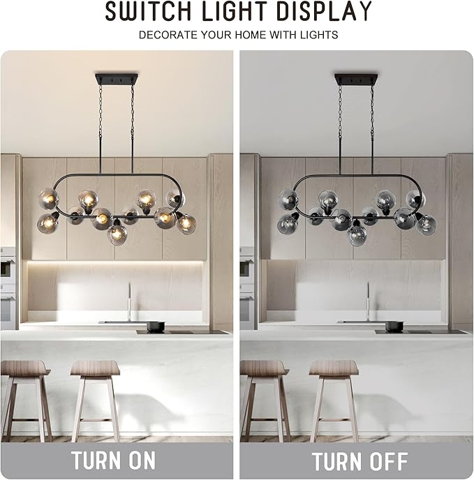 Black Chandelier for Dining Room Linear Island Lights for Kitchen 45'' Modern Large 11-Light Rectangular Chandeliers Over Island Farmhouse Glass Dining Room Pendant Light with Grey Glass Globe Shade