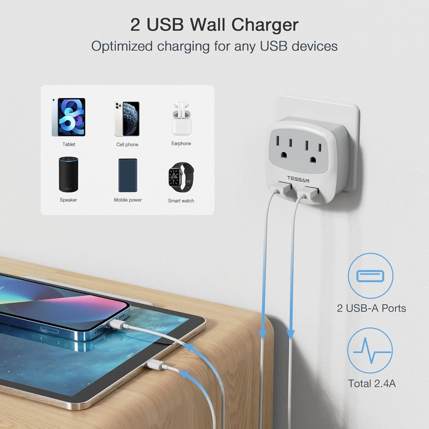 TESSAN Germany France Power Adapter, Type E F Plug Adaptor with 2 USB Ports 2 AC Outlets, US to European Europe German French Spain Greece Iceland Norway Russia Korea Poland