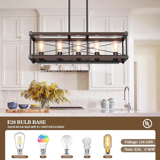 Farmhouse Kitchen Island Lighting, 5-Light Solid Wood 31.5” Dining Room Pendant Light Fixtures, Rustic Chandelier with Adjustable Height for Dining Room Kitchen Bar Pool Table, Walnut Color