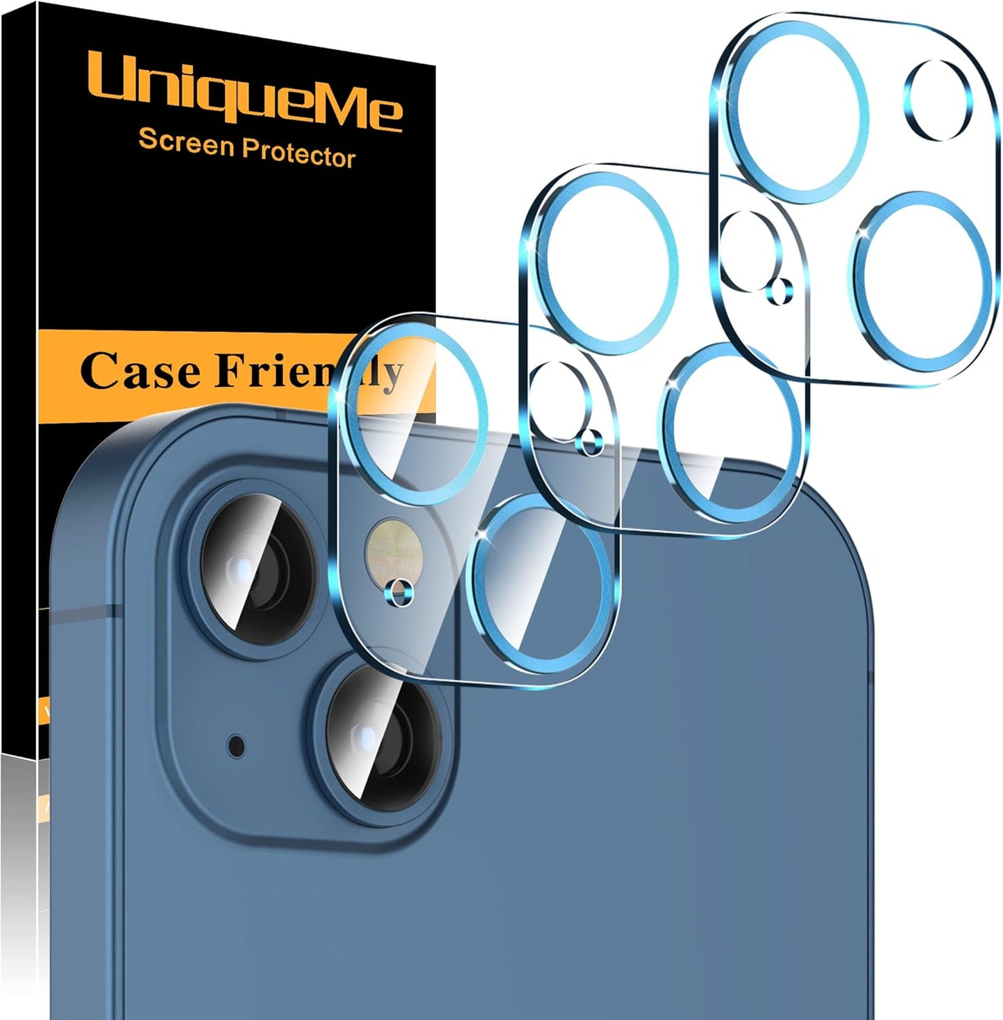 UniqueMe [3 Pack Compatible with iPhone 13 6.1" / iPhone 13 Mini 5.4" Camera Lens Protector Tempered Glass, [Case Friendly][New Version][Scratch-Resistant][Easy Installation] - Blue Circle